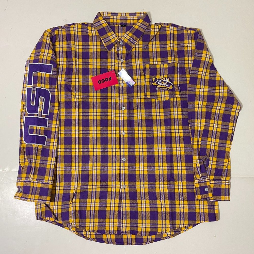 LSU Tigers FOCO Mens Flannel Plaid Long Sleeve Button Up Shirt Pocket - New